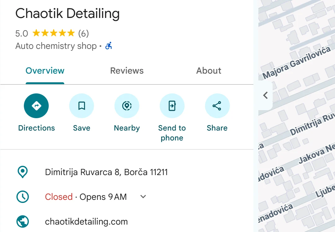 Google Business profil Chaotik Detailing: ocena 5,0 od 6 recenzija, adresa, radno vreme i sajt