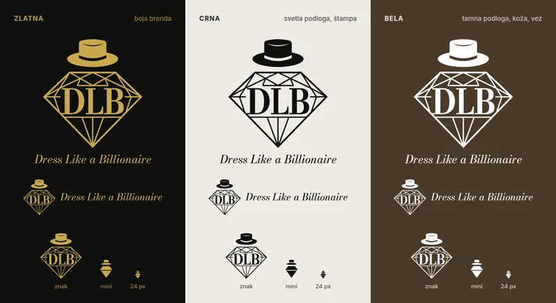 Logotip DLB u četiri oblika i tri boje: zlatna, crna i bela