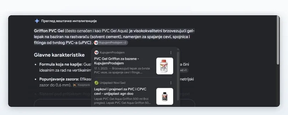 Otvoren spisak izvora u Google‑ovom AI pregledu: oznaka uz glavnu tvrdnju glasi KupujemProdajem +2, ali razvijeni spisak od tri izvora pokazuje da su druga dva izvora Unijaplastova: jedan sa unijaplast.com i jedan sa druge Unijaplastove strane