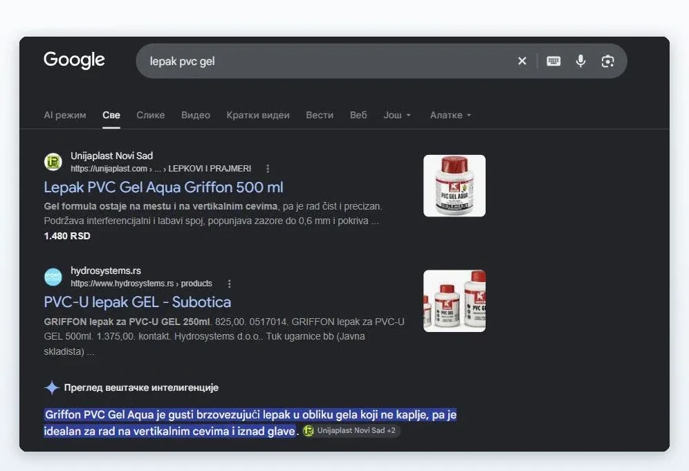 Google pretraga za „lepak pvc gel“: unijaplast.com je prvi običan rezultat, a ispod njega Google‑ov pregled veštačke inteligencije čija prva rečenica nosi oznaku izvora Unijaplast Novi Sad
