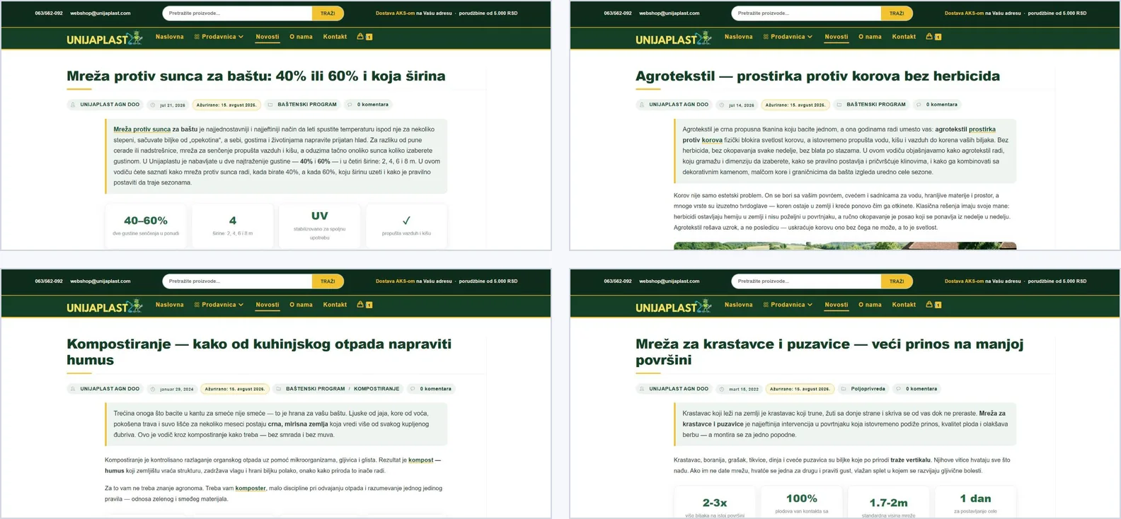 Četiri teksta sa bloga unijaplast.com, vrh svake strane: dva velika vodiča (mreža protiv sunca 40 % ili 60 %; agrotekstil protiv korova) i dva kratka teksta (kompostiranje; mreža za krastavce)
