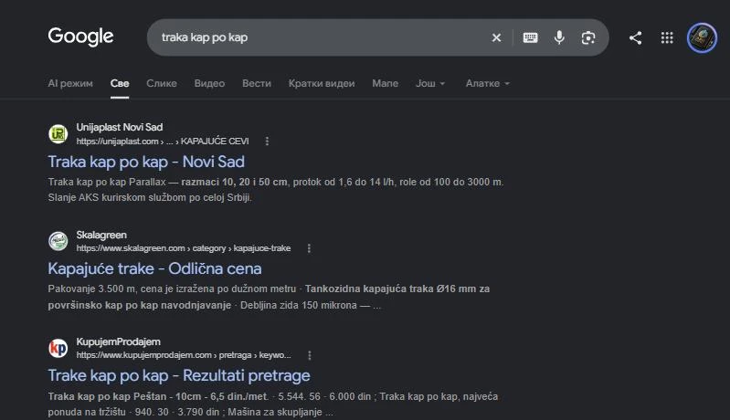 Stvaran snimak ekrana Google pretrage za „traka kap po kap“: unijaplast.com (Traka kap po kap, Novi Sad) je prvi običan rezultat, iznad Skalagreen i KupujemProdajem