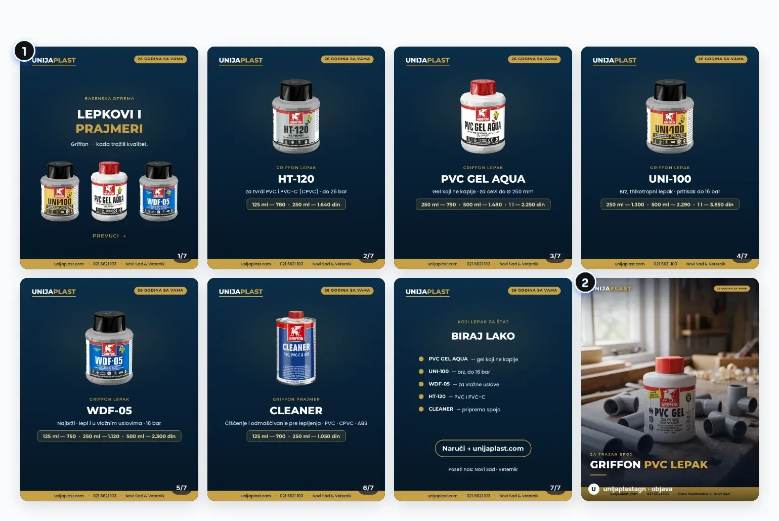 Osam objava sa Instagram profila prodavnice: sedam slajdova karusela o Griffon lepkovima i prajmerima i jedna objava sa fotografijom PVC lepka u radionici