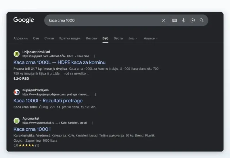 Stvarni snimak Google pretrage „kaca crna 1000l“: unijaplast.com je prvi rezultat, bez oglasa, ispred sajta za male oglase i druge prodavnice