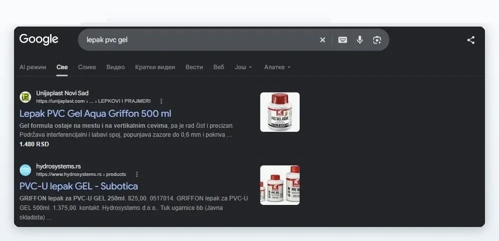 Google pretraga za „lepak pvc gel“: sajt prodavnice prvi organski rezultat, sa slikom proizvoda i cenom 1.480 RSD u samom rezultatu