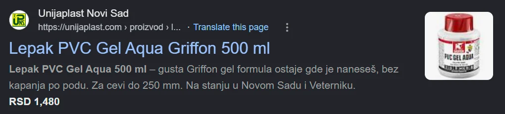 Stvaran snimak ekrana Google pretrage za „lepak pvc gel“: prvi običan rezultat je unijaplast.com, Lepak PVC Gel Aqua Griffon 500 ml, sa slikom proizvoda i cenom 1.480 RSD u samom rezultatu