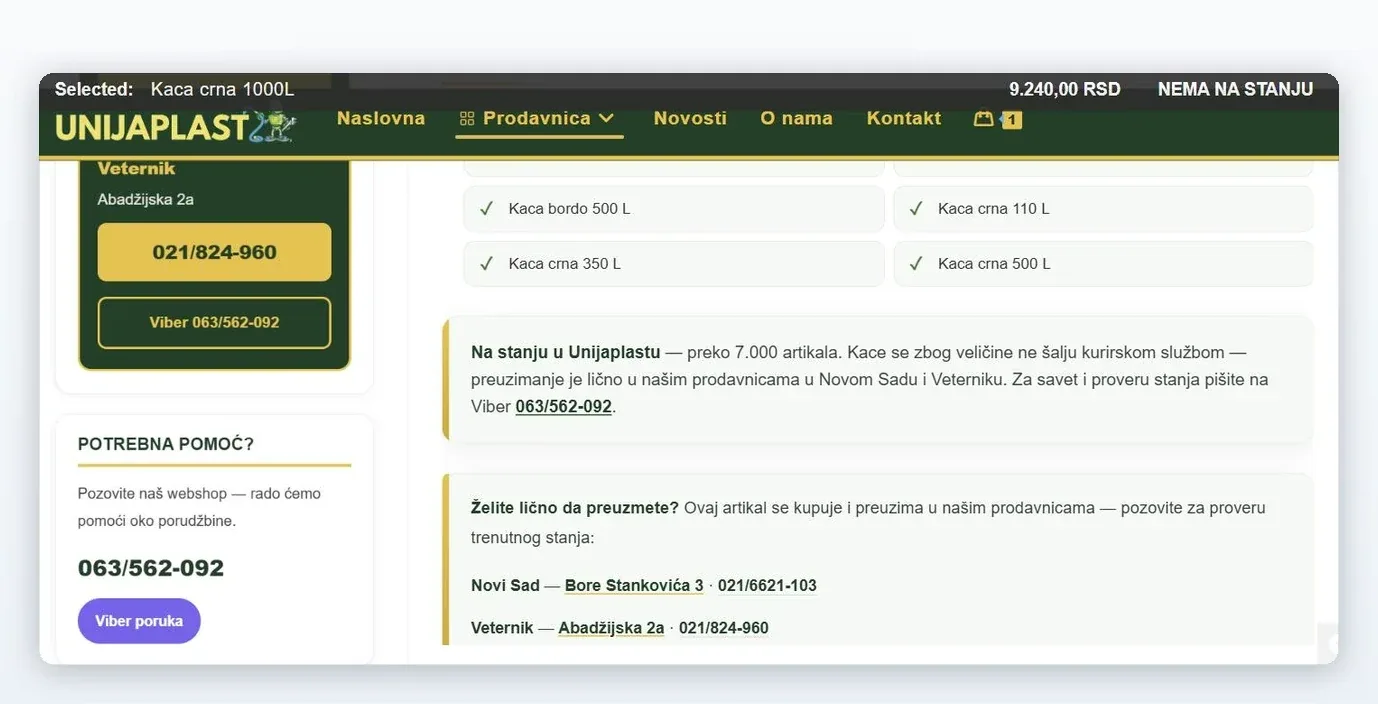 Strana proizvoda Kaca crna 1000L na unijaplast.com: u bočnoj koloni blok Lično preuzimanje sa adresama i telefonima prodavnica, a u sadržaju napomena da se kace ne šalju kurirskom službom i izdvojen blok „Želite lično da preuzmete?“ sa obe adrese