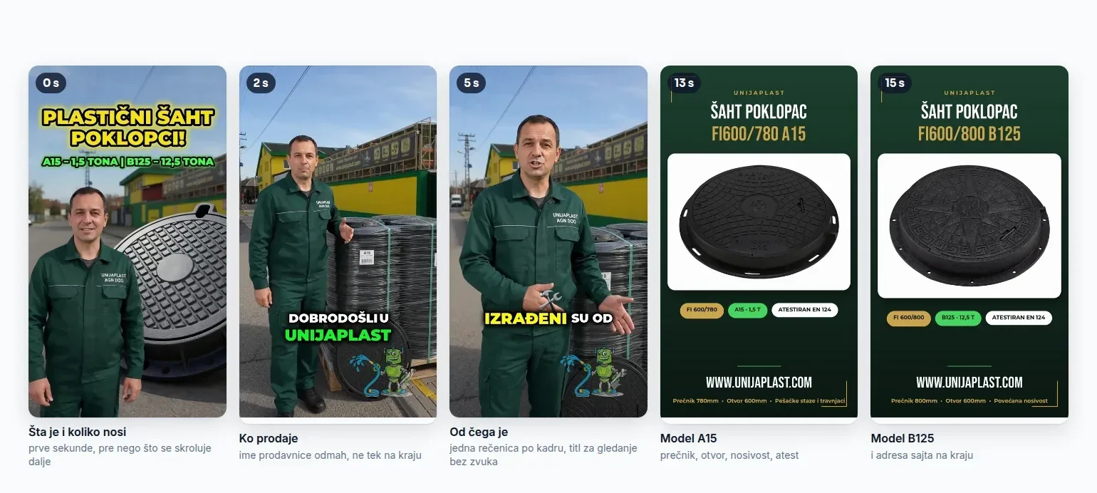 Kadrovi Reela o plastičnim šaht poklopcima jedne prodavnice, rađenog AI alatima: naslov sa nosivošću od 1,5 do 12,5 tona, predstavljanje prodavnice, od čega su poklopci, pa kartice modela A15 i B125 sa adresom sajta