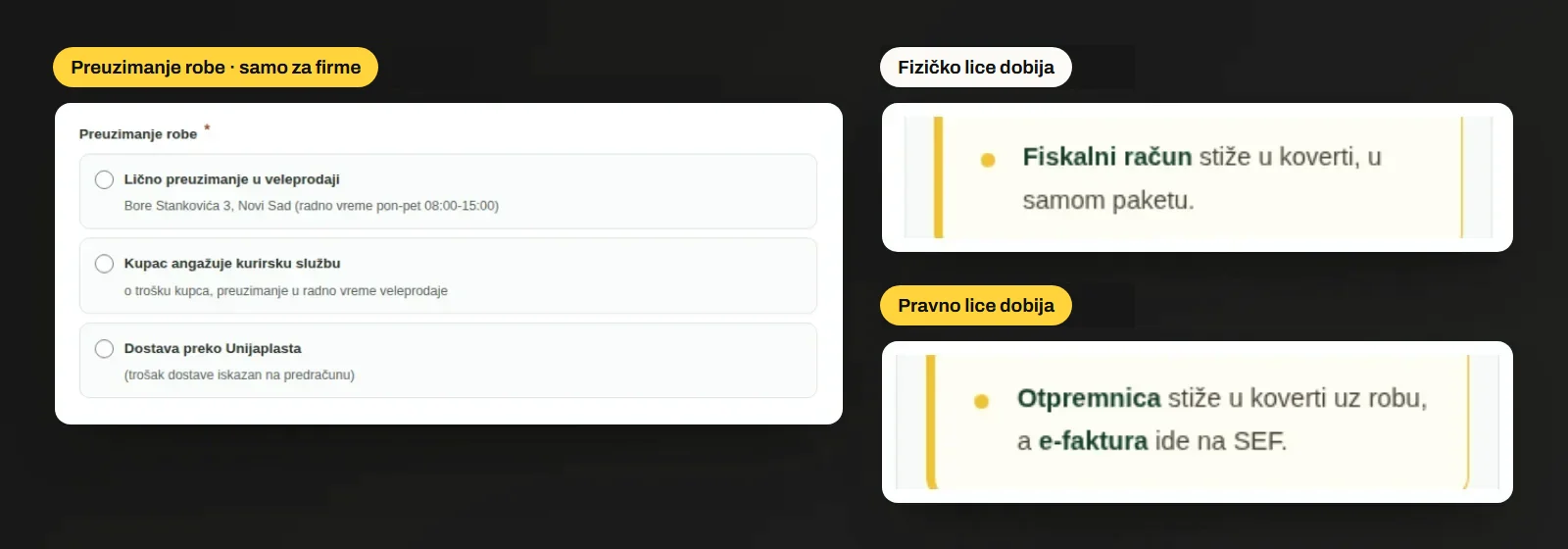 Izbor preuzimanja robe za firme (lično u veleprodaji u Novom Sadu, sopstveni kurir ili dostava preko Unijaplasta) i poređenje dokumenata: fizičko lice dobija fiskalni račun u paketu, pravno lice otpremnicu uz robu i e‑fakturu na SEF