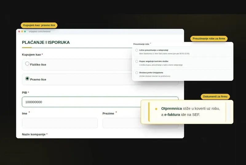 Strana plaćanja na unijaplast.com sa izborom fizičkog ili pravnog lica