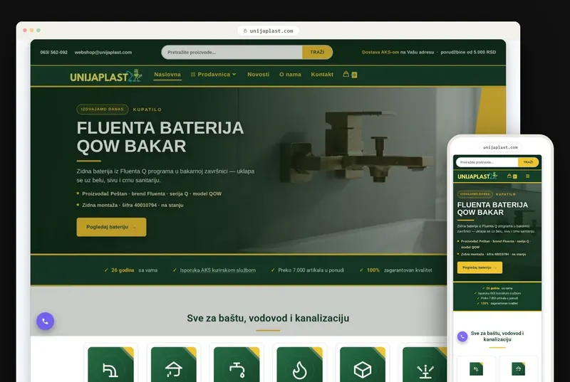 Naslovna strana prodavnice unijaplast.com na računaru i telefonu