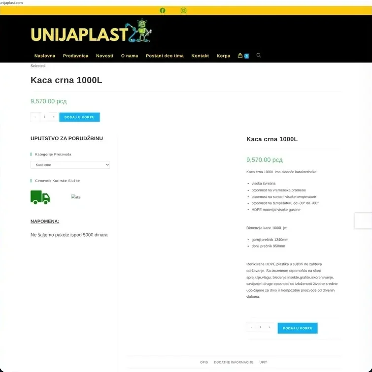 Strana proizvoda Kaca crna 1000L na unijaplast.com u arhivi iz 2025: naziv i cena dvaput, bez fotografije, opšti tekst o plastici