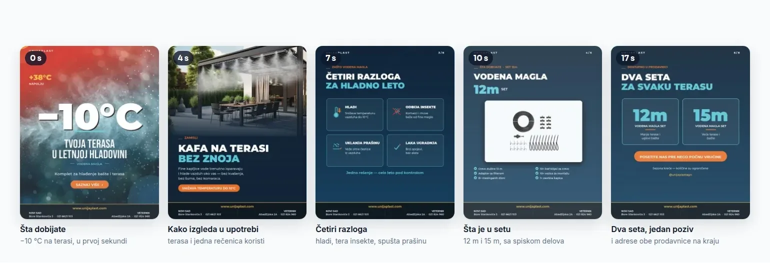 Kadrovi videa o vodenoj magli za terasu jedne prodavnice, rađenog AI alatima: minus deset stepeni na terasi, kafa na terasi bez znoja, četiri razloga za hladno leto, šta je u setu od 12 metara i dva seta sa adresama prodavnica